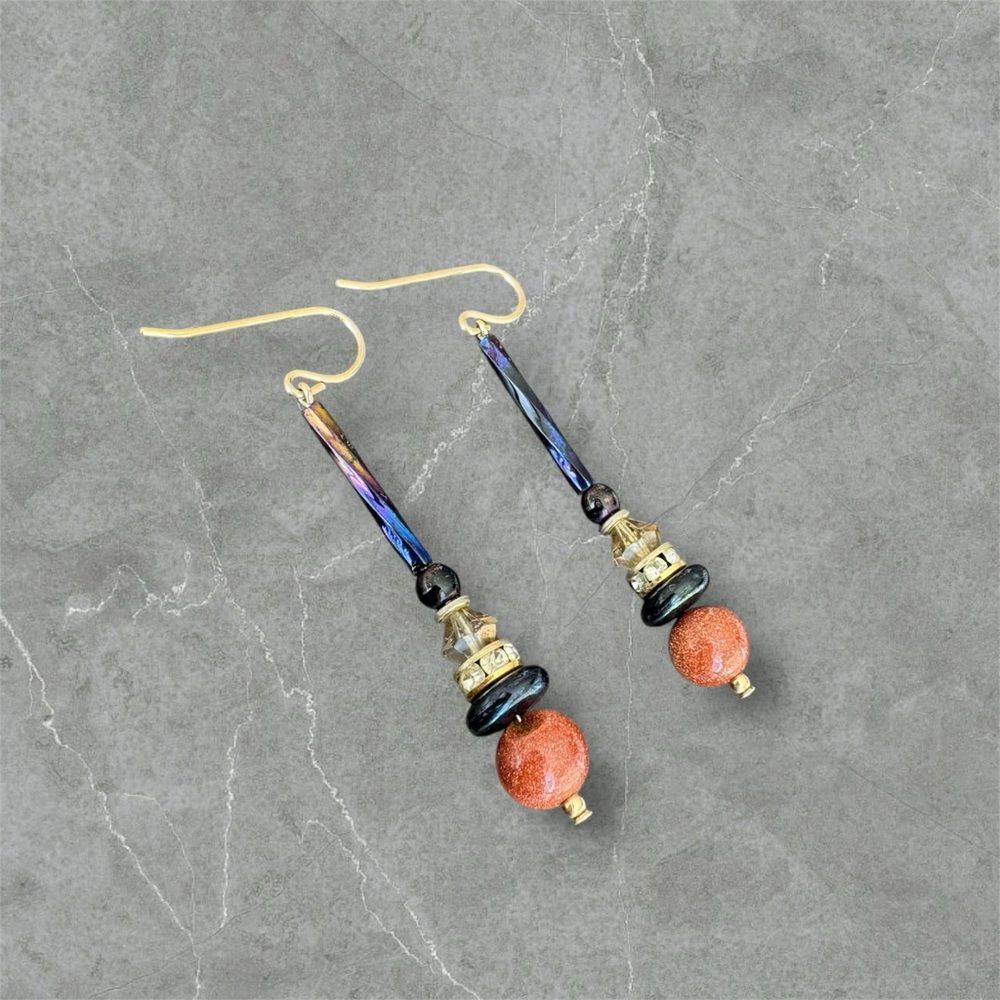 Artisan Iridescent Beaded Dangle Earrings Goldstone Crystal Anthropologie Style - Picture 2 of 3